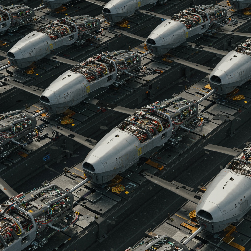 Hundreds,Of,Half-built,Military,Drones,Rolling,Past,The,Camera,On